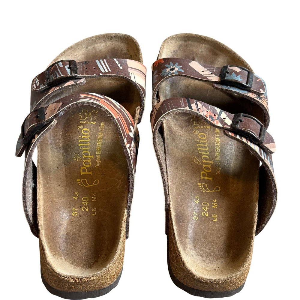Papillio Birkenstock Arizona Sandals Brown Floral Print Slide 37 L6 M4 Spain - Picture 3 of 7